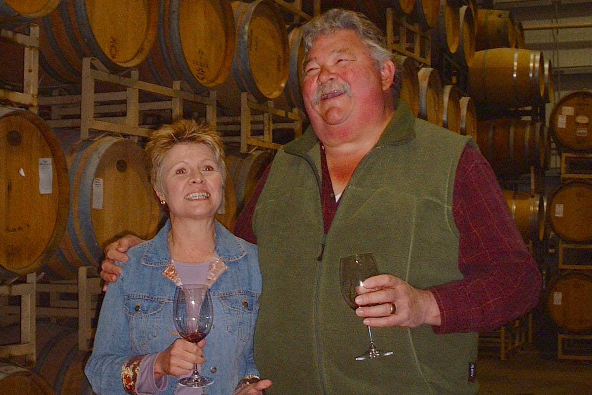 Amista Proprietors Mike and Vicky Barrel Tasting in the Cellar