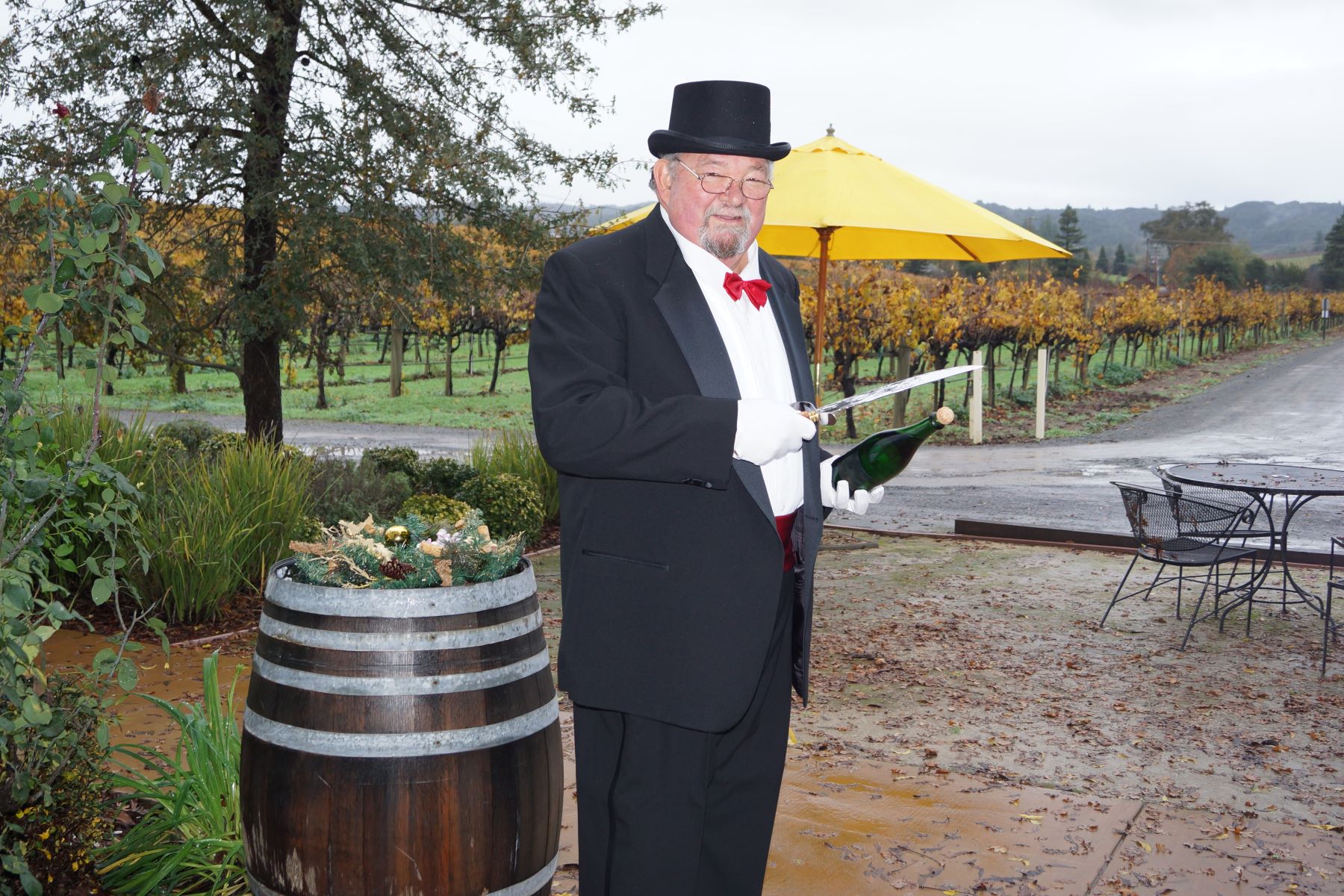 Mike's First Sabrage in Tux and Top Hat at Amista Sparkling Soiree-