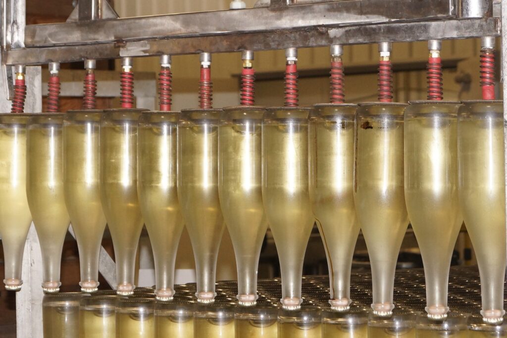 Clear bottles of spakling wine suspende by a machine - ready to freeze the necks for disgorging