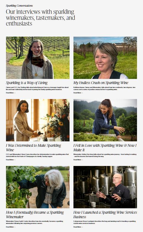 a poster with images of five women and one man  with the title "Sparkling Conversations, our interiews with sparkling winemakers, tastemakers and enthusiasts