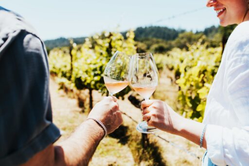 Sparkling Wine Toast in Organic Vineyards at Amista in Healdsburg, Sonoma, CA