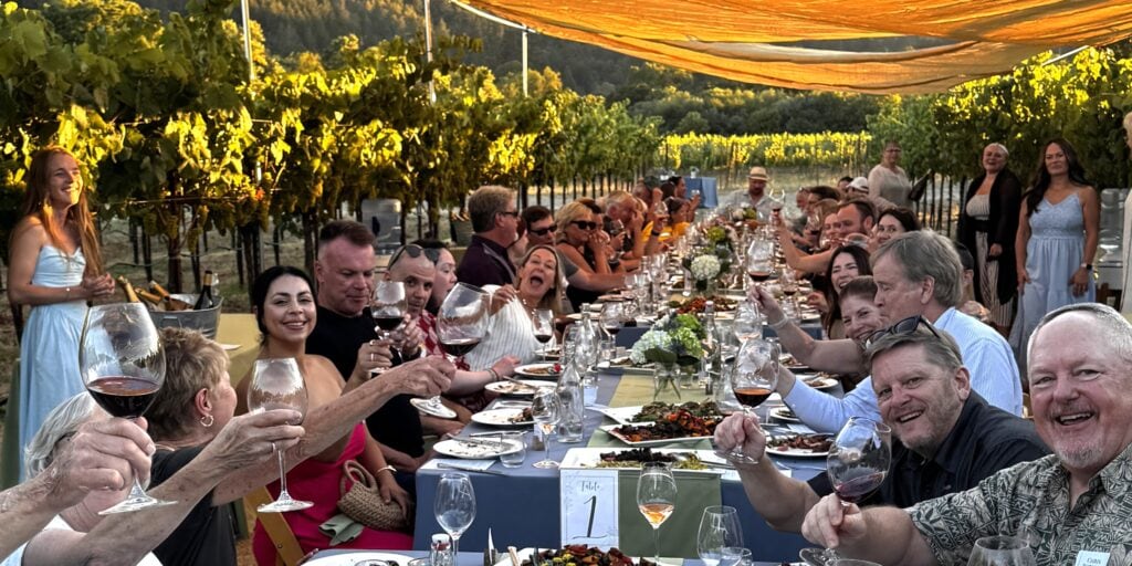 People seated at a long table among the vines raising their glasses and smiling at Amista Dinner in the Vineyard