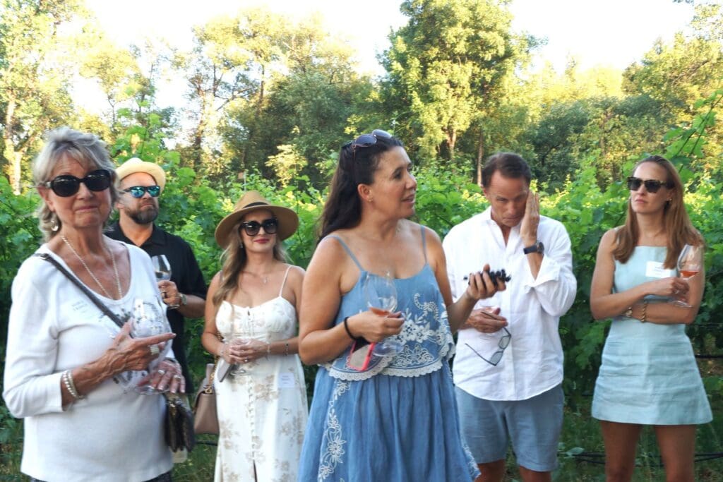 Several people touring the vineyard at at Amista Dinner in the Vineyard